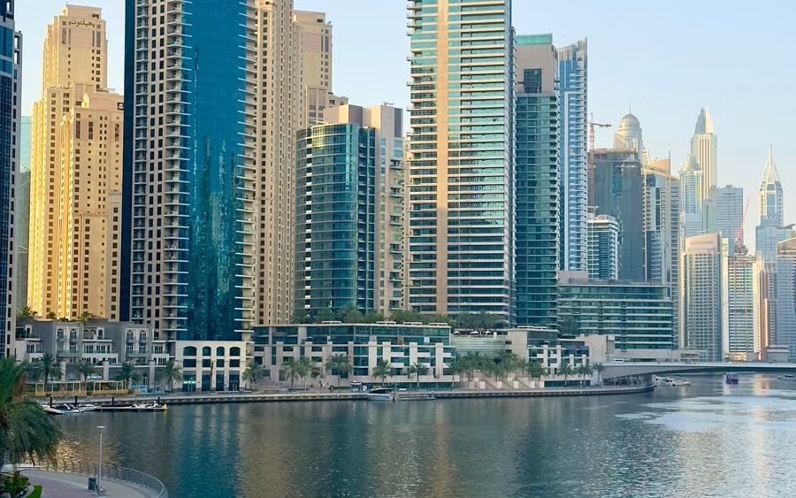 Waterfront towers on a city marina